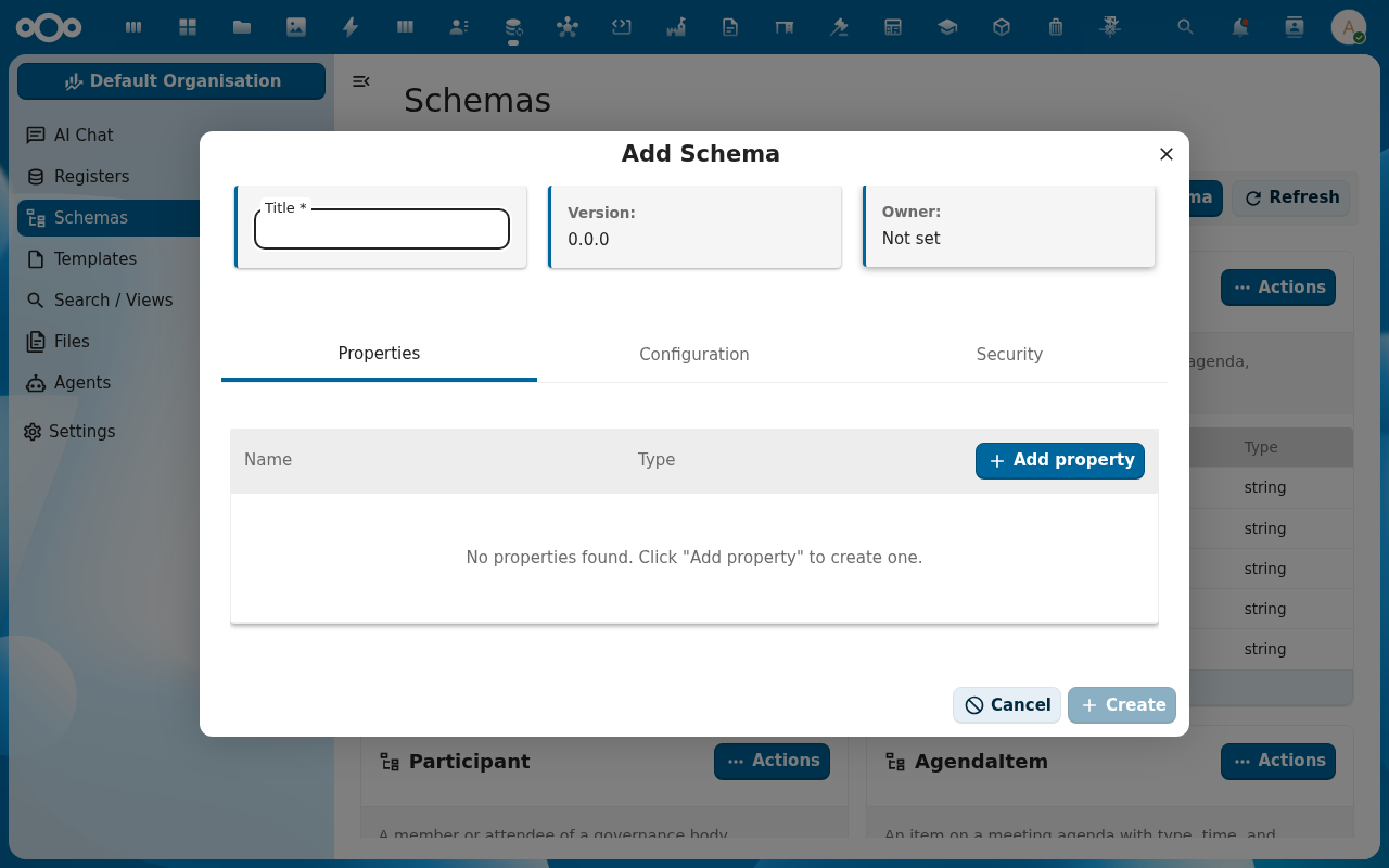 Create Schema dialog open