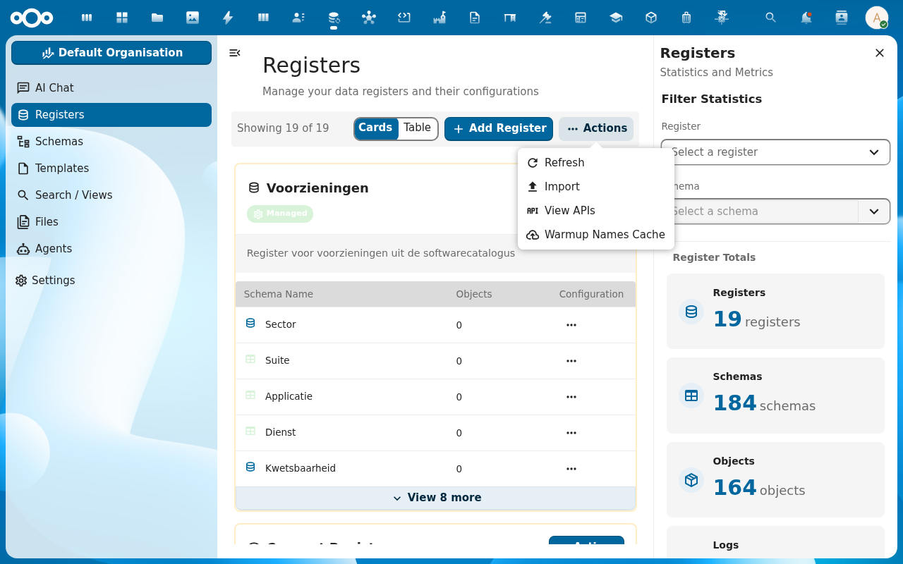 Registers Actions menu