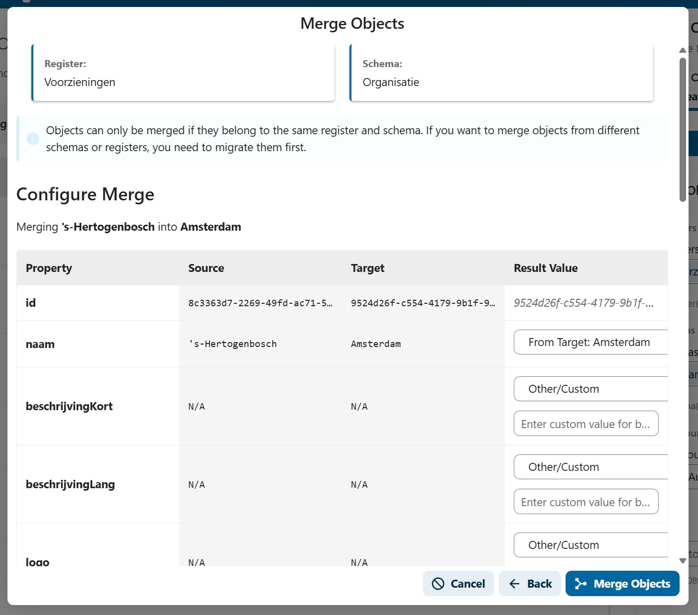Configure merge - property comparison table