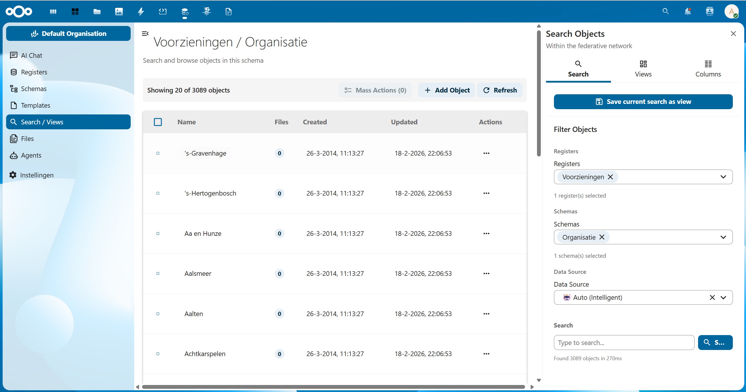 Search / Views page with filter panel