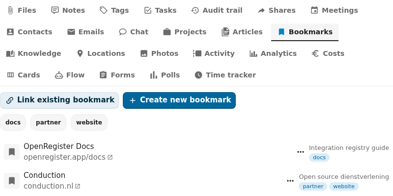 bookmarks integration tab active in the OpenRegister integrations view