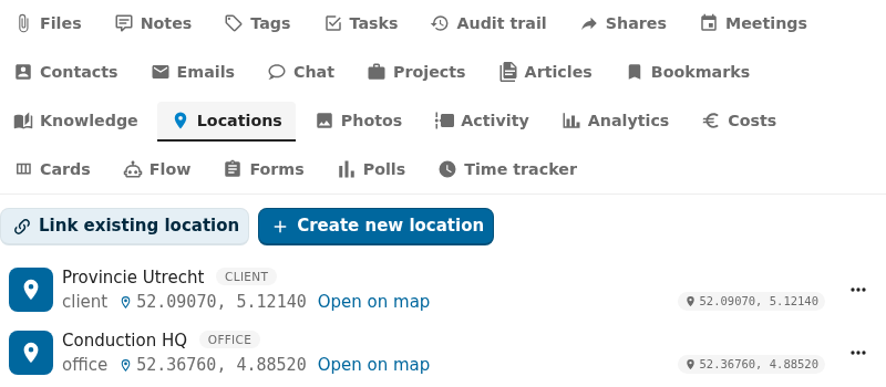 maps integration tab active in the OpenRegister integrations view