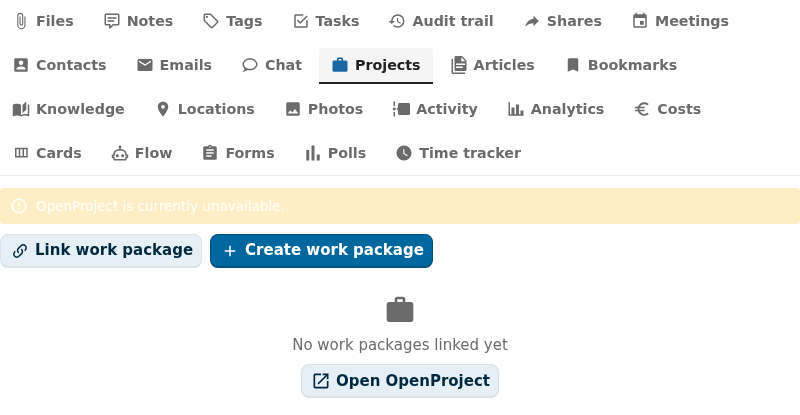 openproject integration tab active in the OpenRegister integrations view