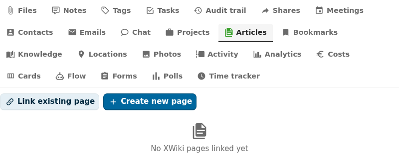 xwiki integration tab active in the OpenRegister integrations view