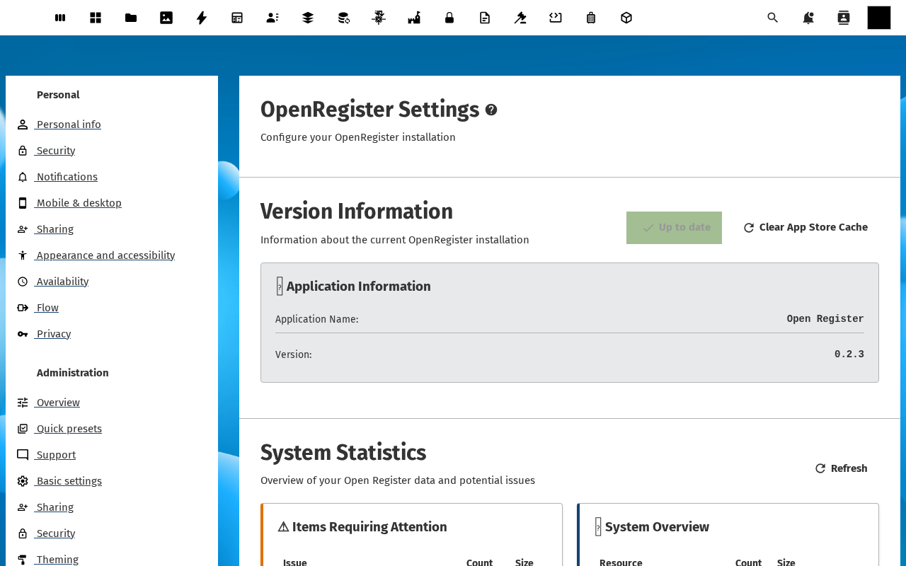 Admin settings page, Open Register entry
