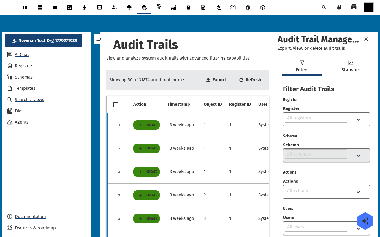Global Audit Trails view