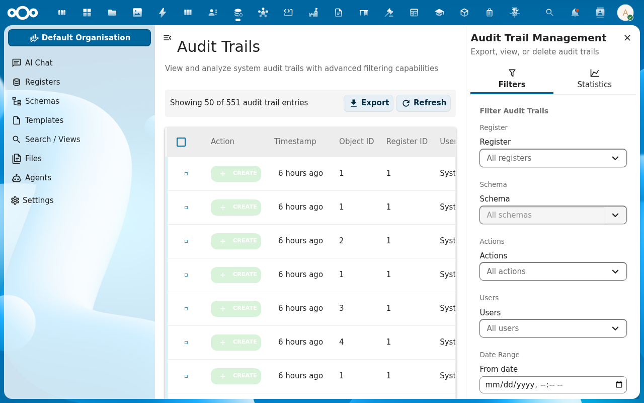 Audit trail export action