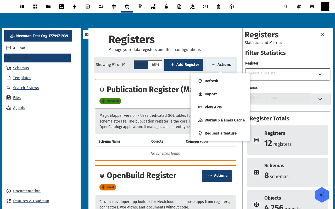 Registers Actions menu