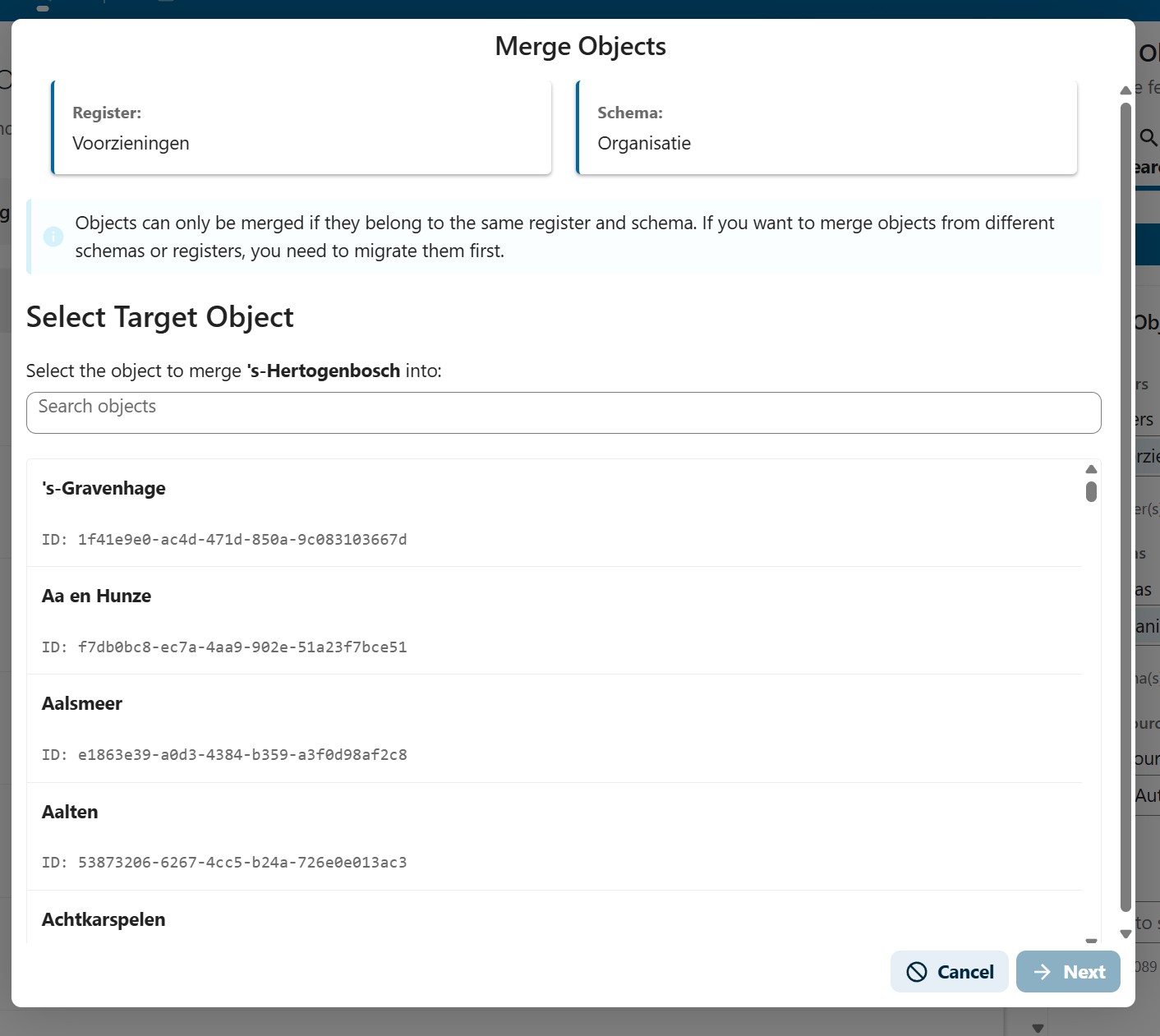 Selecting the target object for merge