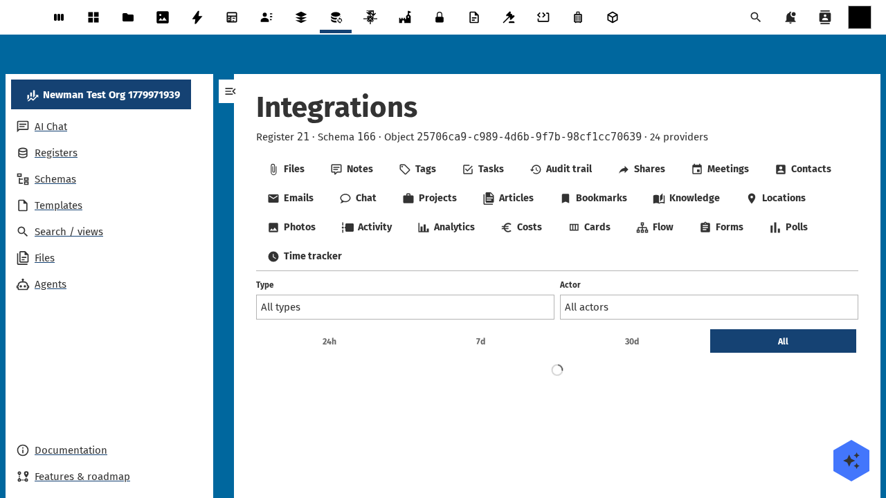 activity integration tab active in the OpenRegister integrations view