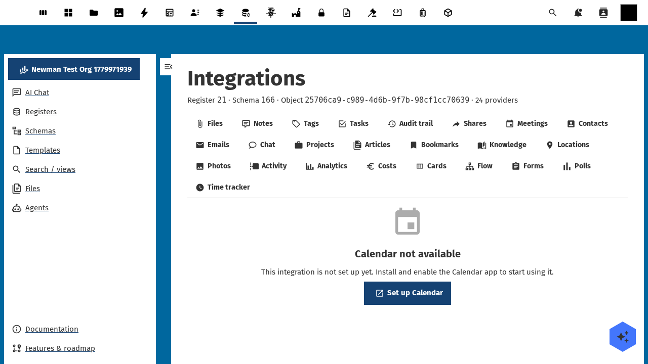calendar integration tab active in the OpenRegister integrations view