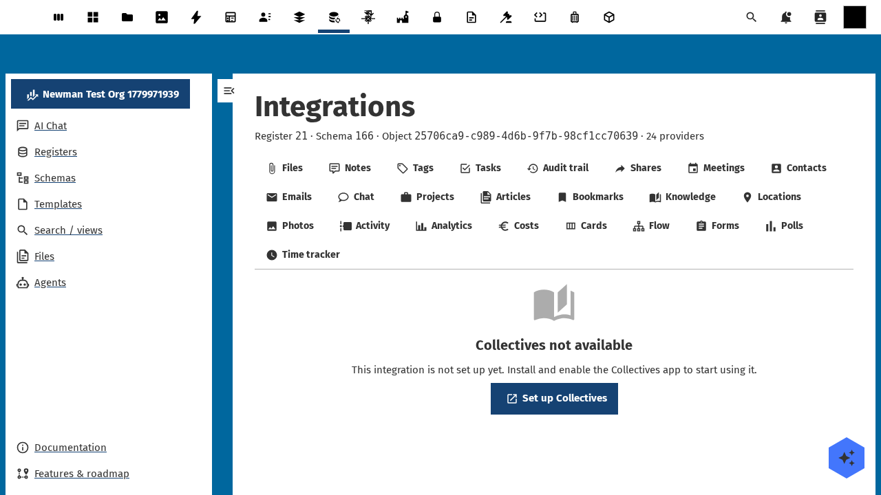 collectives integration tab active in the OpenRegister integrations view