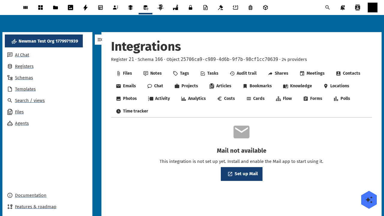 email integration tab active in the OpenRegister integrations view