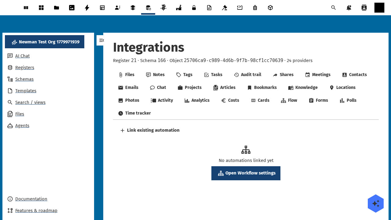 flow integration tab active in the OpenRegister integrations view