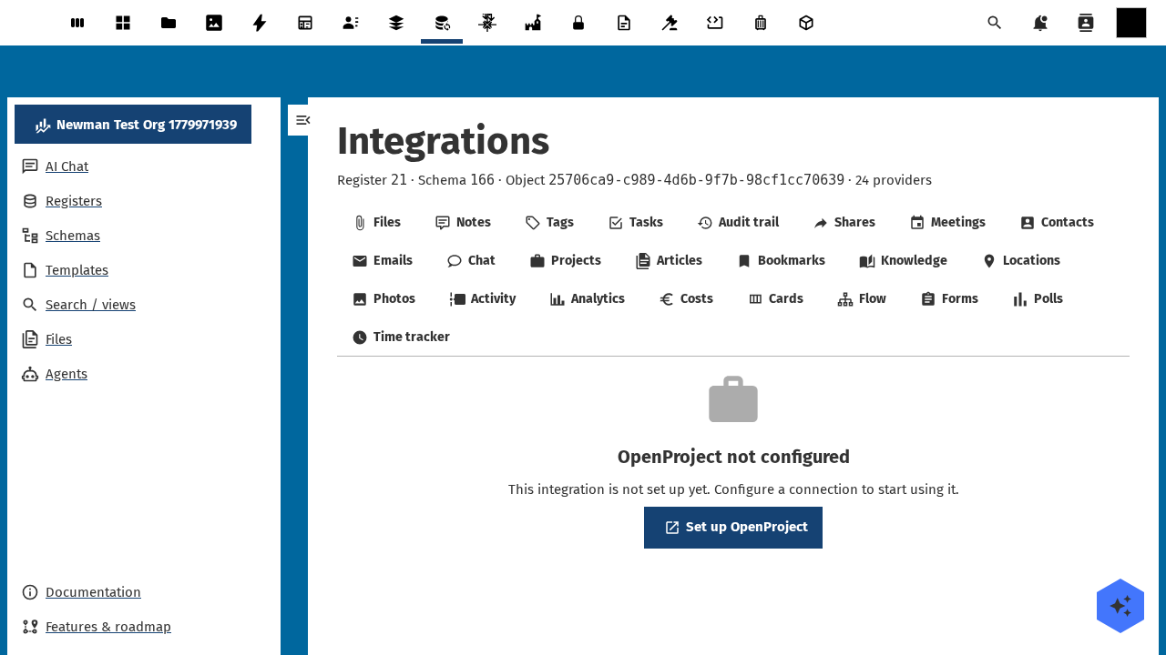 openproject integration tab active in the OpenRegister integrations view