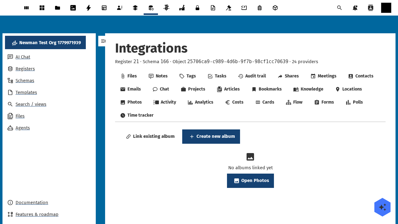 photos integration tab active in the OpenRegister integrations view