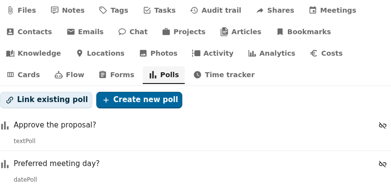 polls integration tab active in the OpenRegister integrations view