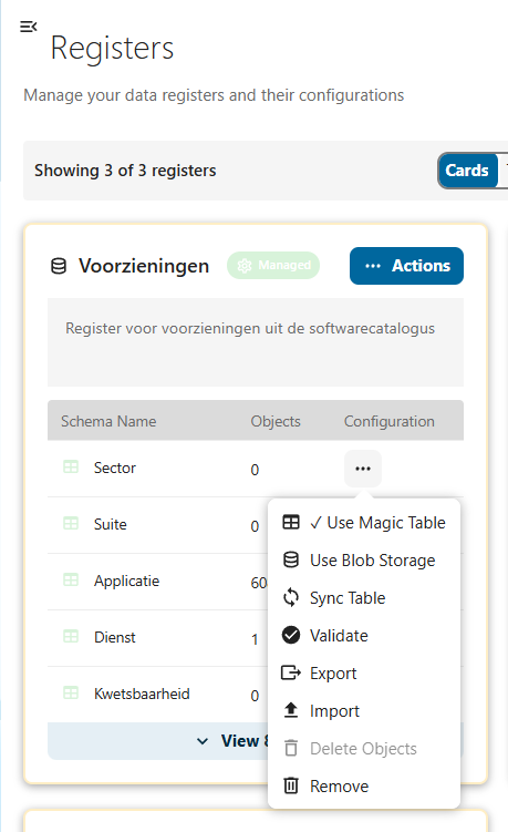 Register card with actions menu showing Export option