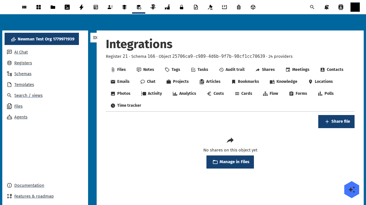 shares integration tab active in the OpenRegister integrations view